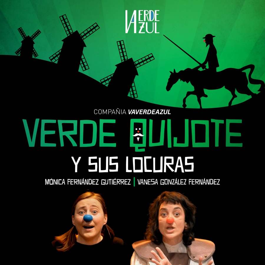 Mónica, Azul, y Vanesa, Verde, en el cartel de Verde Quijote y sus Locuras Cuentacuentos y Narración Oral en Asturias VA.Verde&Azul